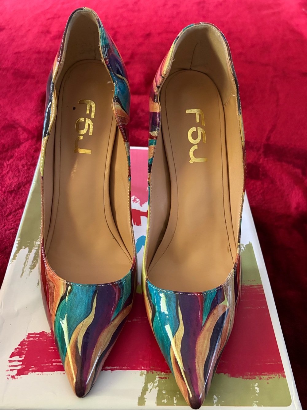 FSJ Multicolor Striped Patent Leather Pointed-Toe Pumps